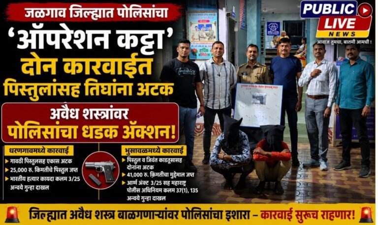 जळगाव जिल्ह्यात पोलिसांचा ‘ऑपरेशन कट्टा’; दोन कारवाईत पिस्तुलांसह तिघांना अटक