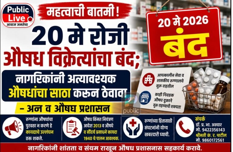 २० मे रोजी औषध विक्रेत्यांचा बंद; नागरिकांनी अत्यावश्यक औषधांचा साठा करून ठेवावा – अन्न व औषध प्रशासन